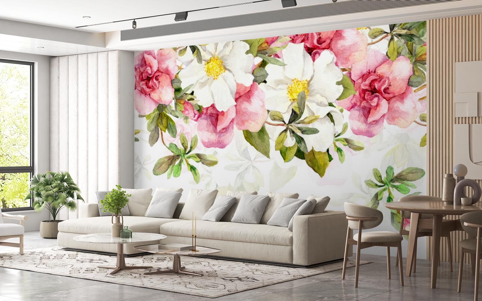 Fotobehang witte margrieten en roze rozen