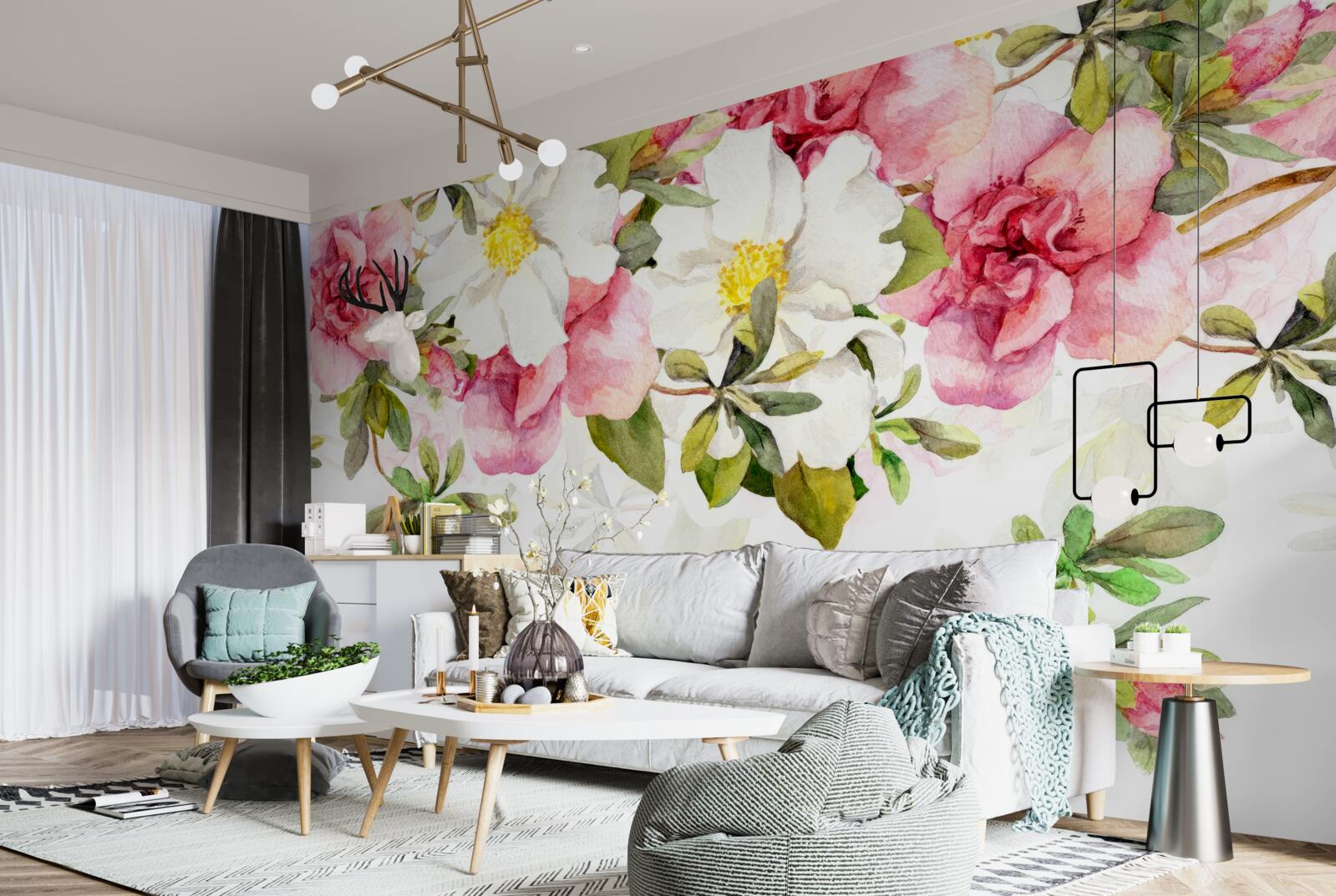 Fotobehang witte margrieten en roze rozen