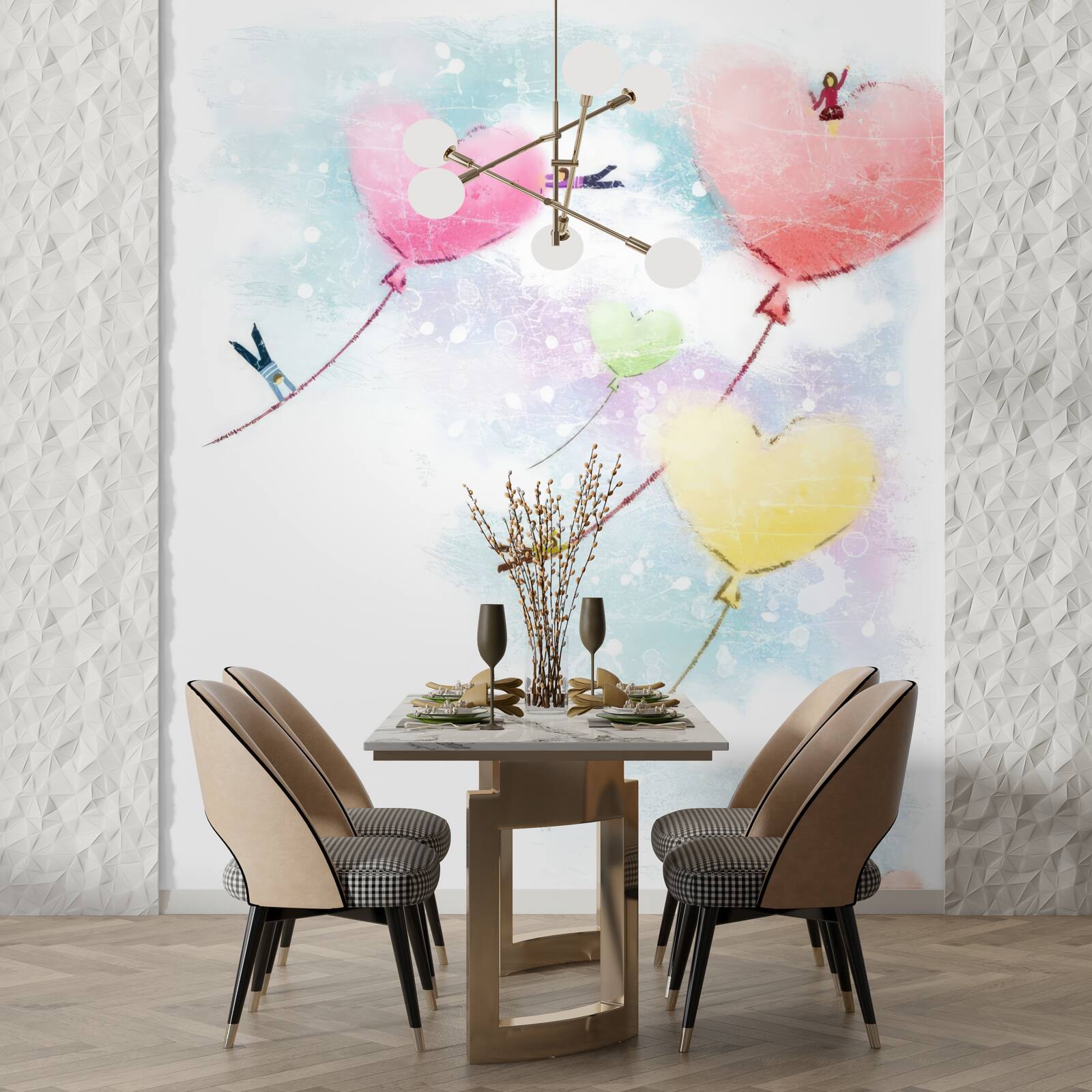 Fotobehang mensen vliegen in hartvormige ballonnen