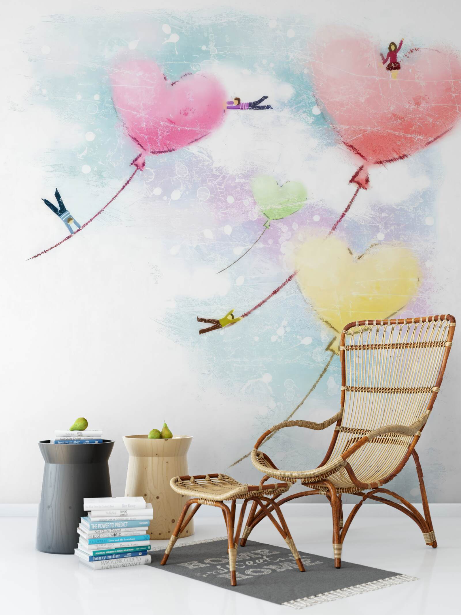 Fotobehang mensen vliegen in hartvormige ballonnen