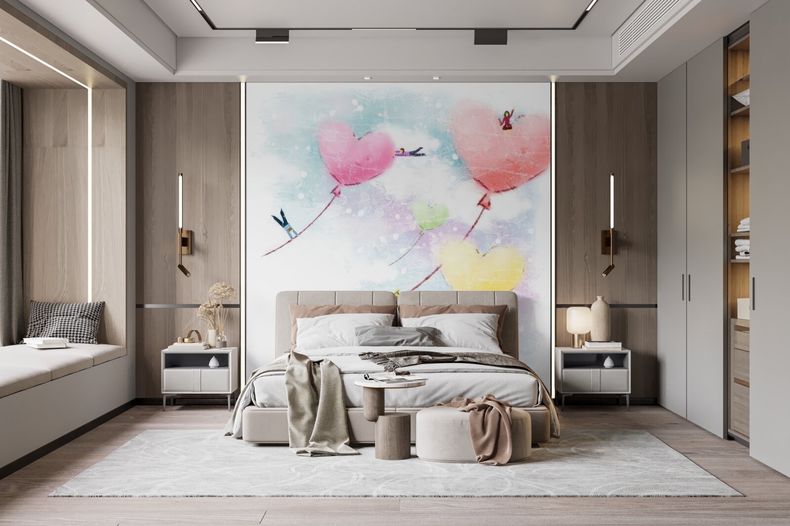 Fotobehang mensen vliegen in hartvormige ballonnen