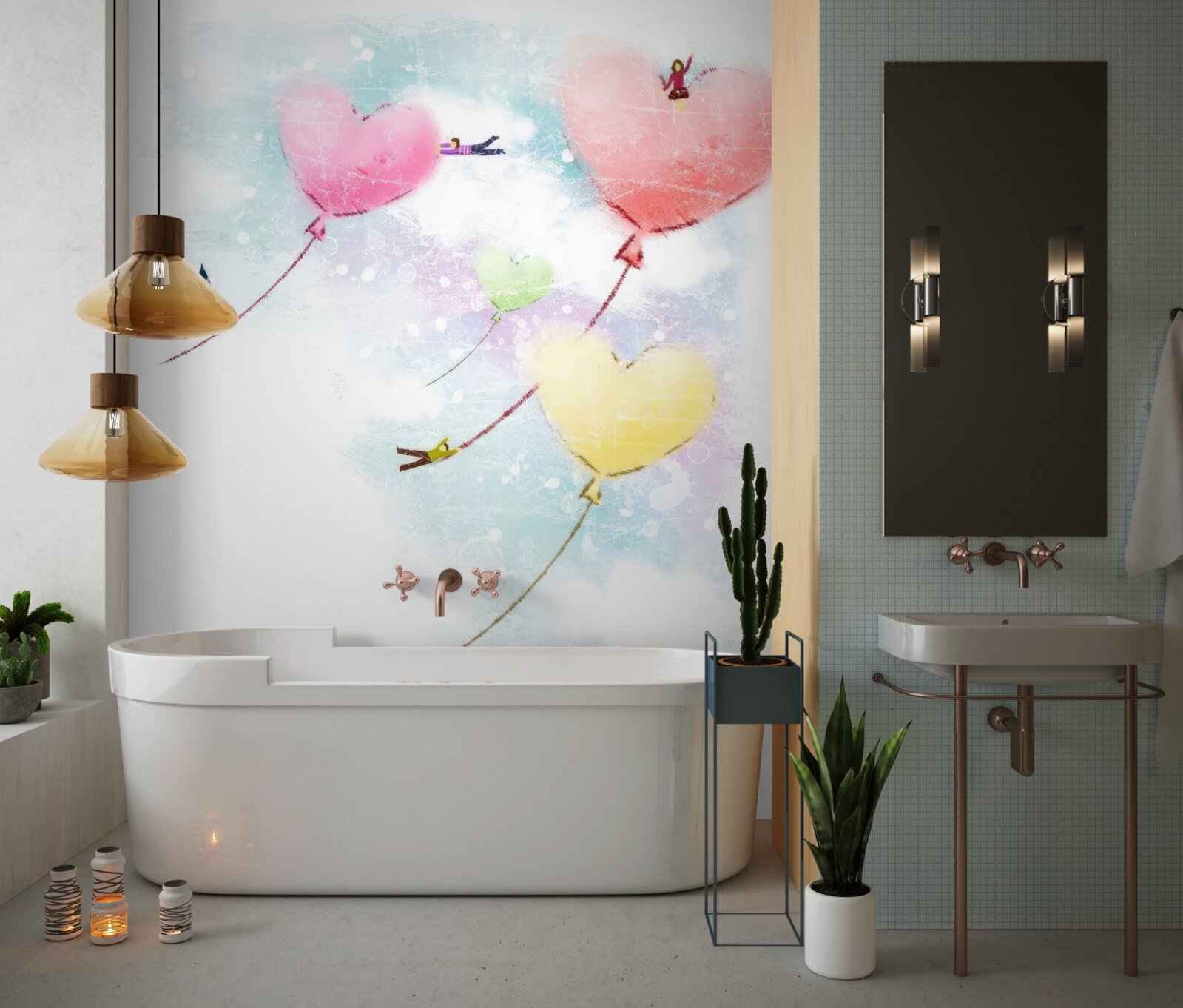 Fotobehang mensen vliegen in hartvormige ballonnen