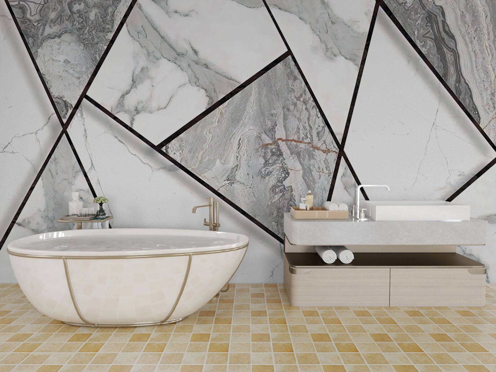 Fotobehang marmeren tegels in zwart en wit