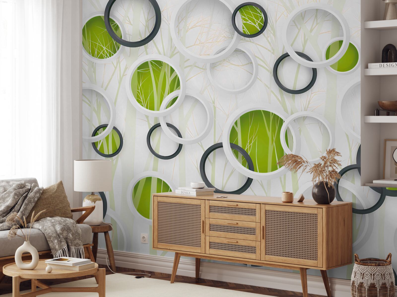 Fotobehang wielen in wit en zwart met een groene tint