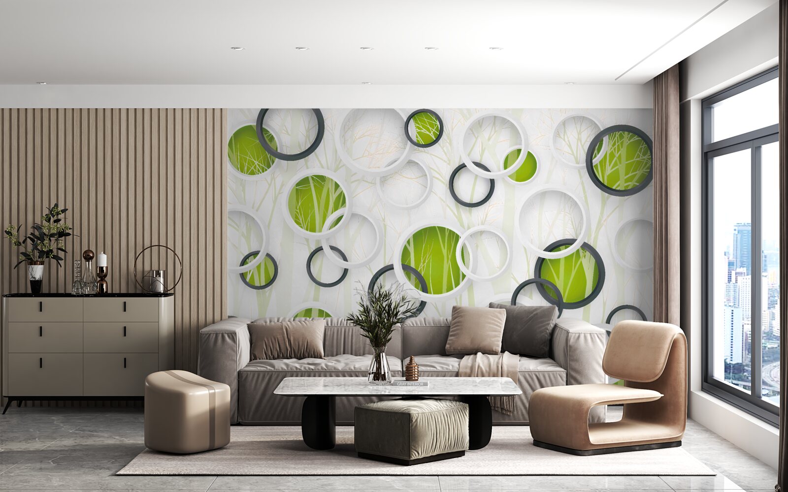 Fotobehang wielen in wit en zwart met een groene tint