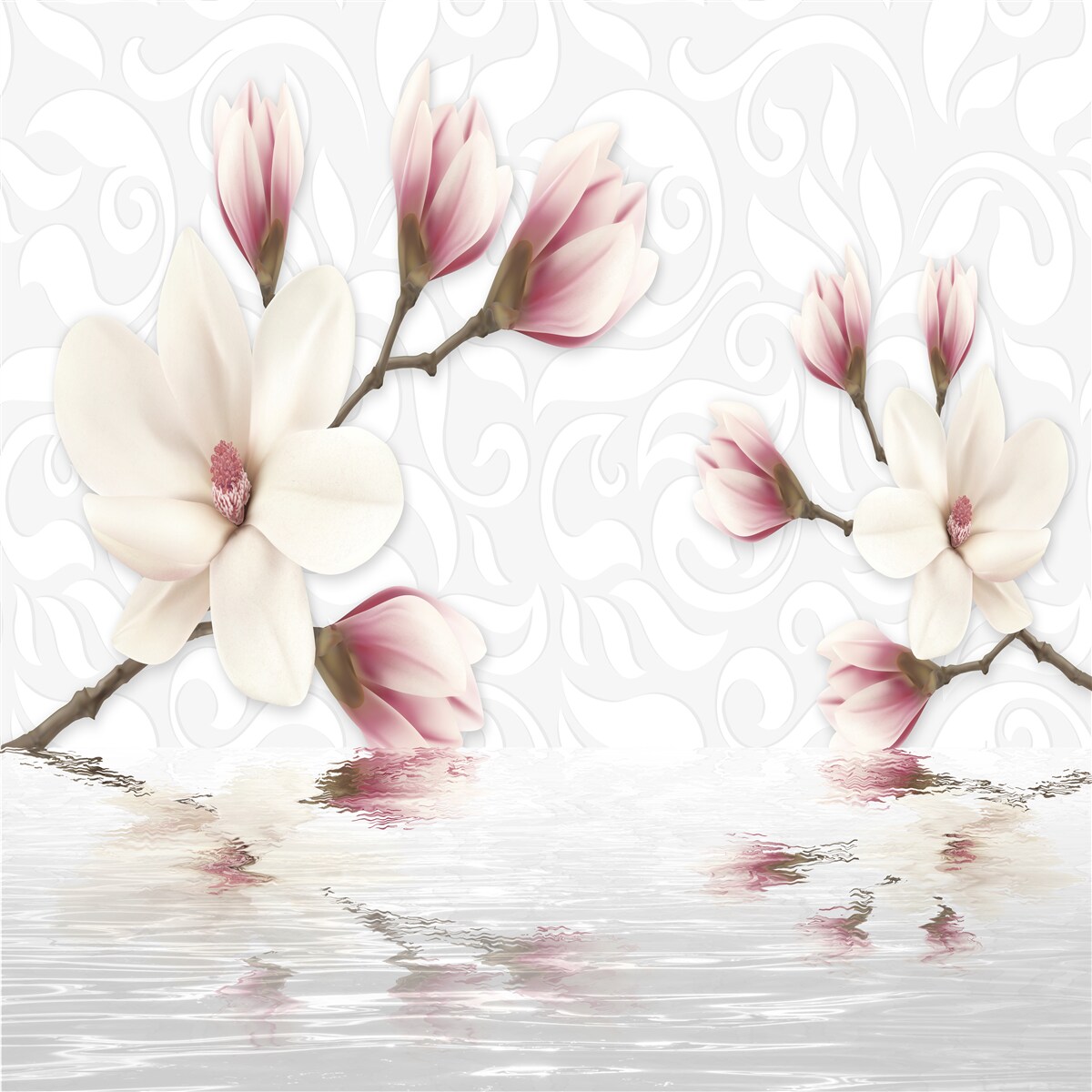 Fotobehang er zijn witte en roze bloemen bij het water