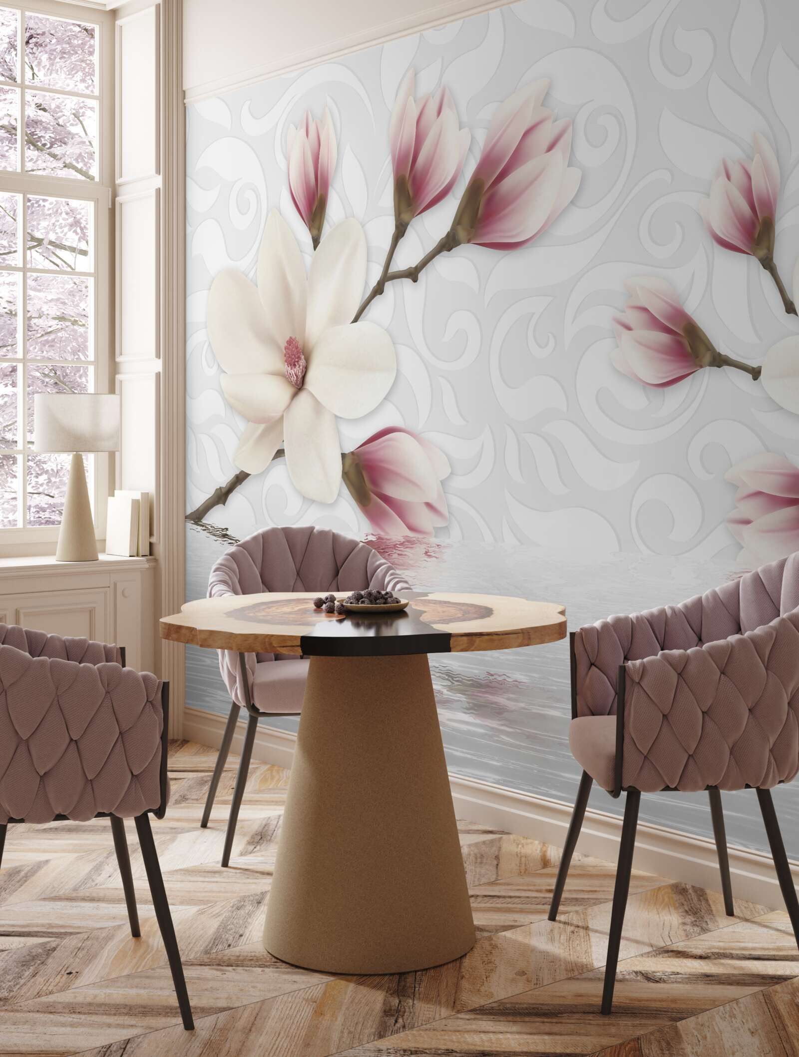 Fotobehang er zijn witte en roze bloemen bij het water