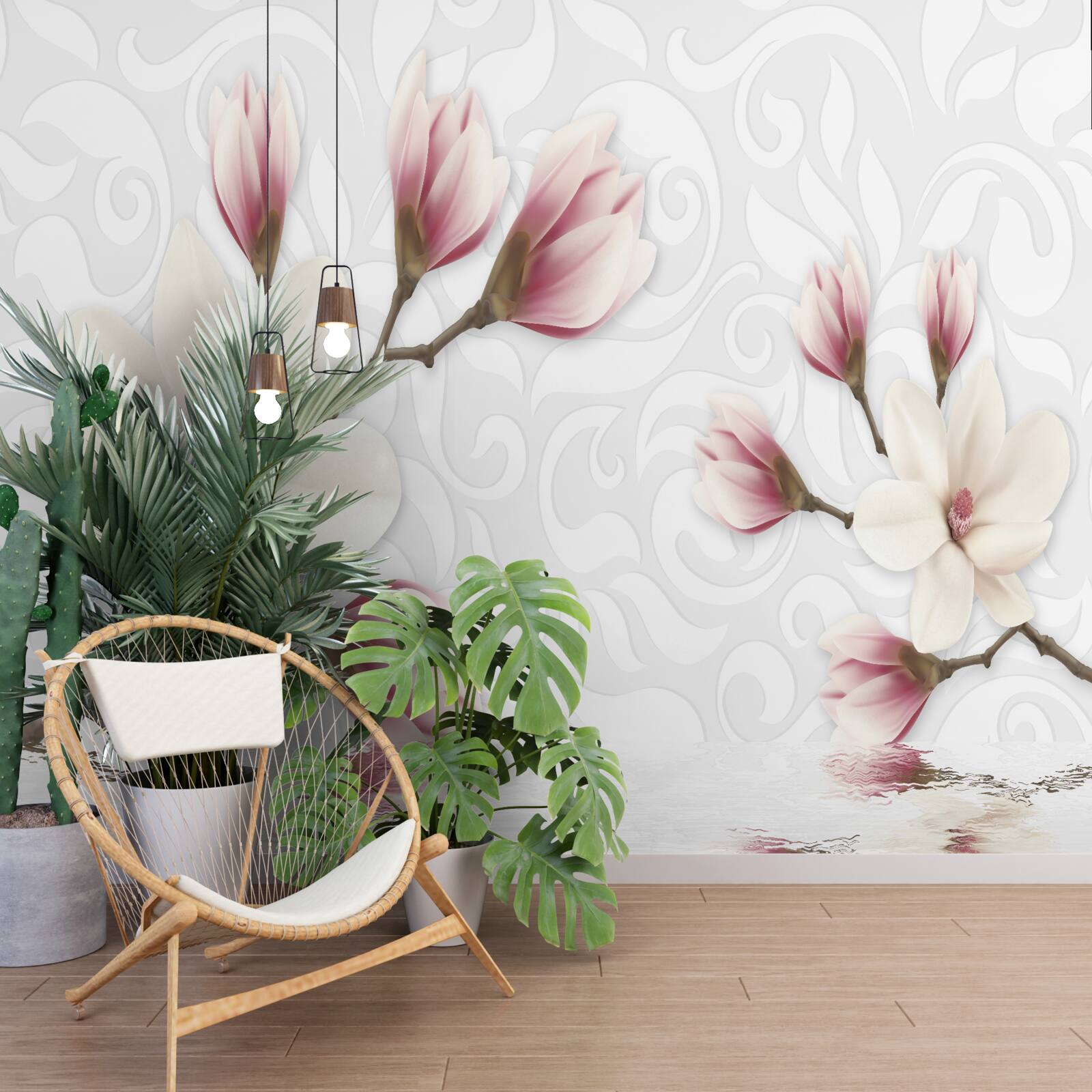 Fotobehang er zijn witte en roze bloemen bij het water