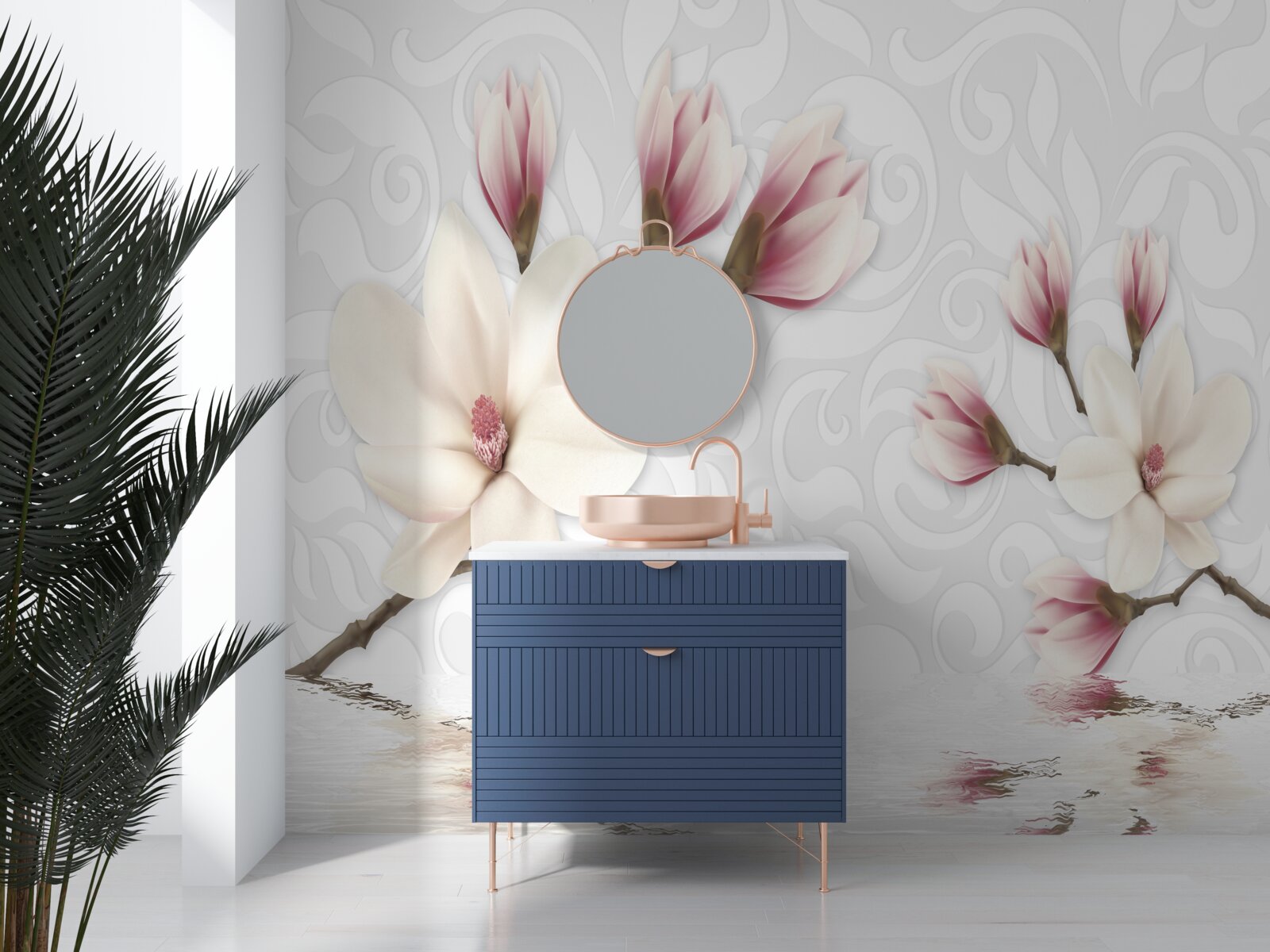 Fotobehang er zijn witte en roze bloemen bij het water