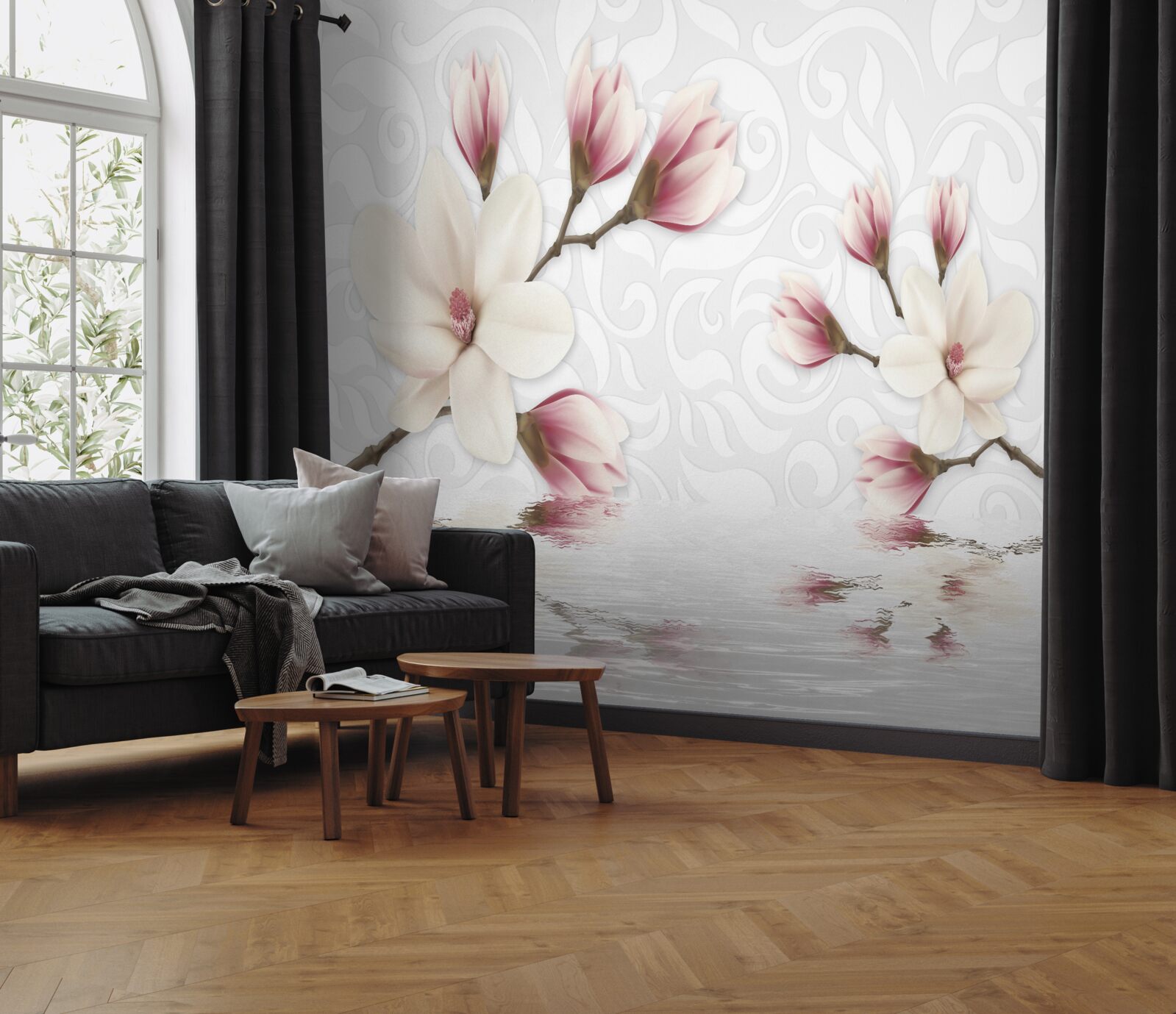 Fotobehang er zijn witte en roze bloemen bij het water