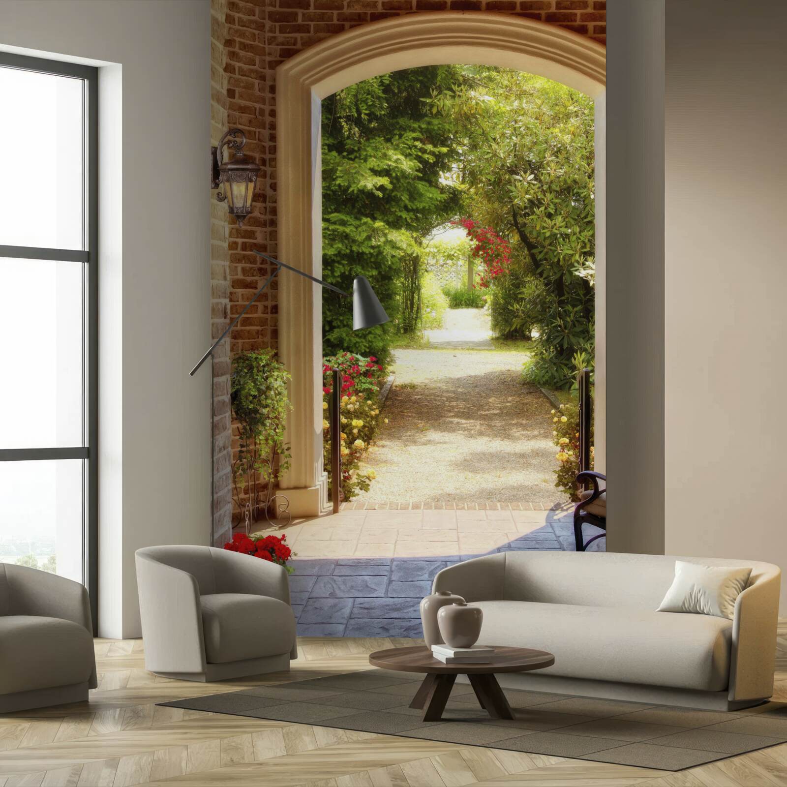 Fotobehang bank naast de boog