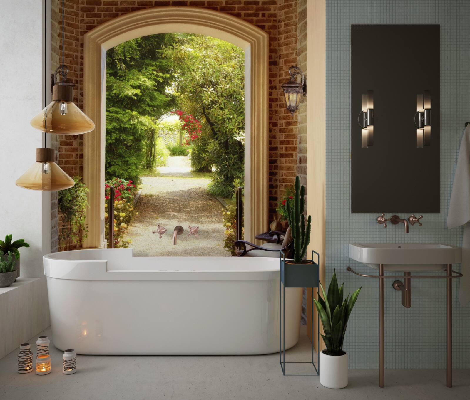 Fotobehang bank naast de boog