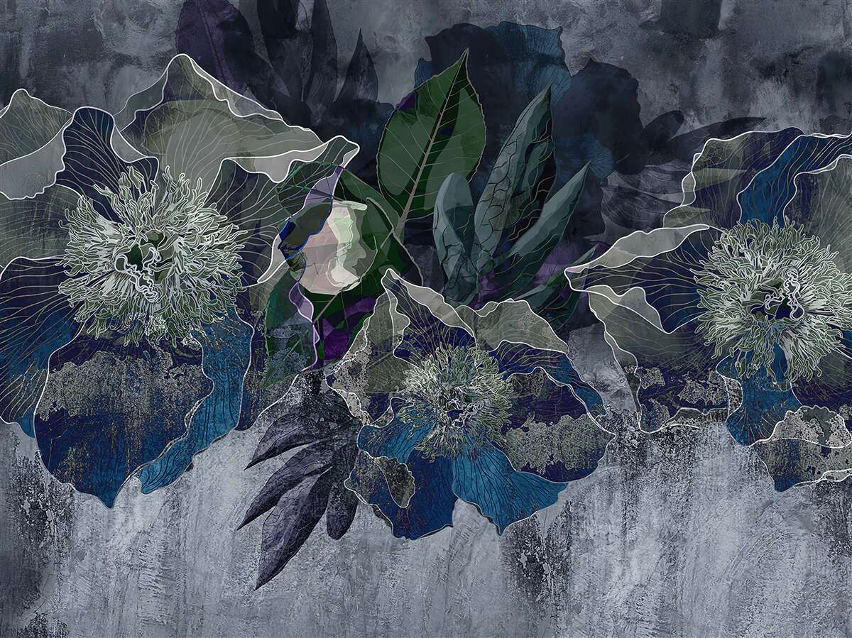 Fotobehang bloemen geschilderd in aquarel op een grijze ondergrond