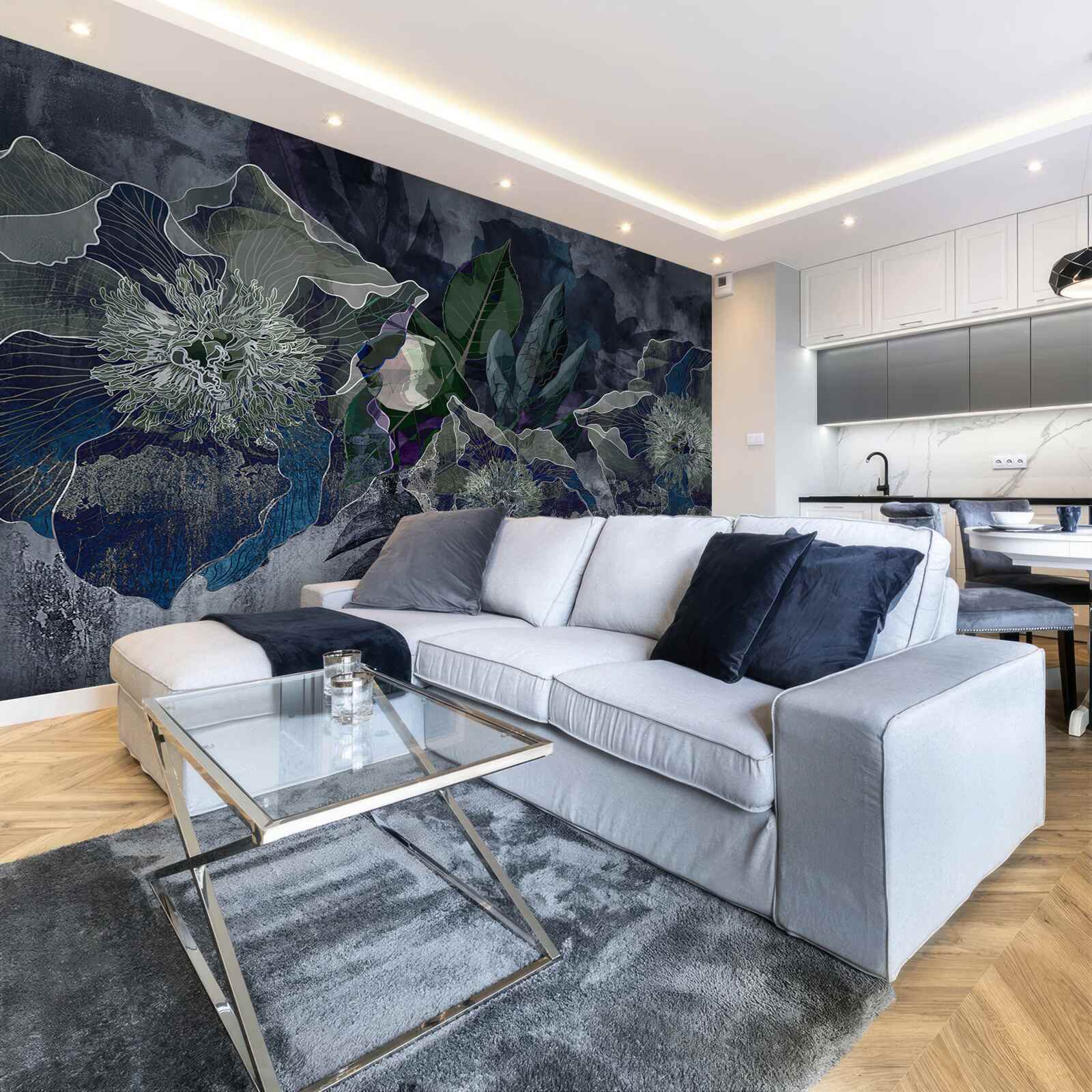 Fotobehang bloemen geschilderd in aquarel op een grijze ondergrond