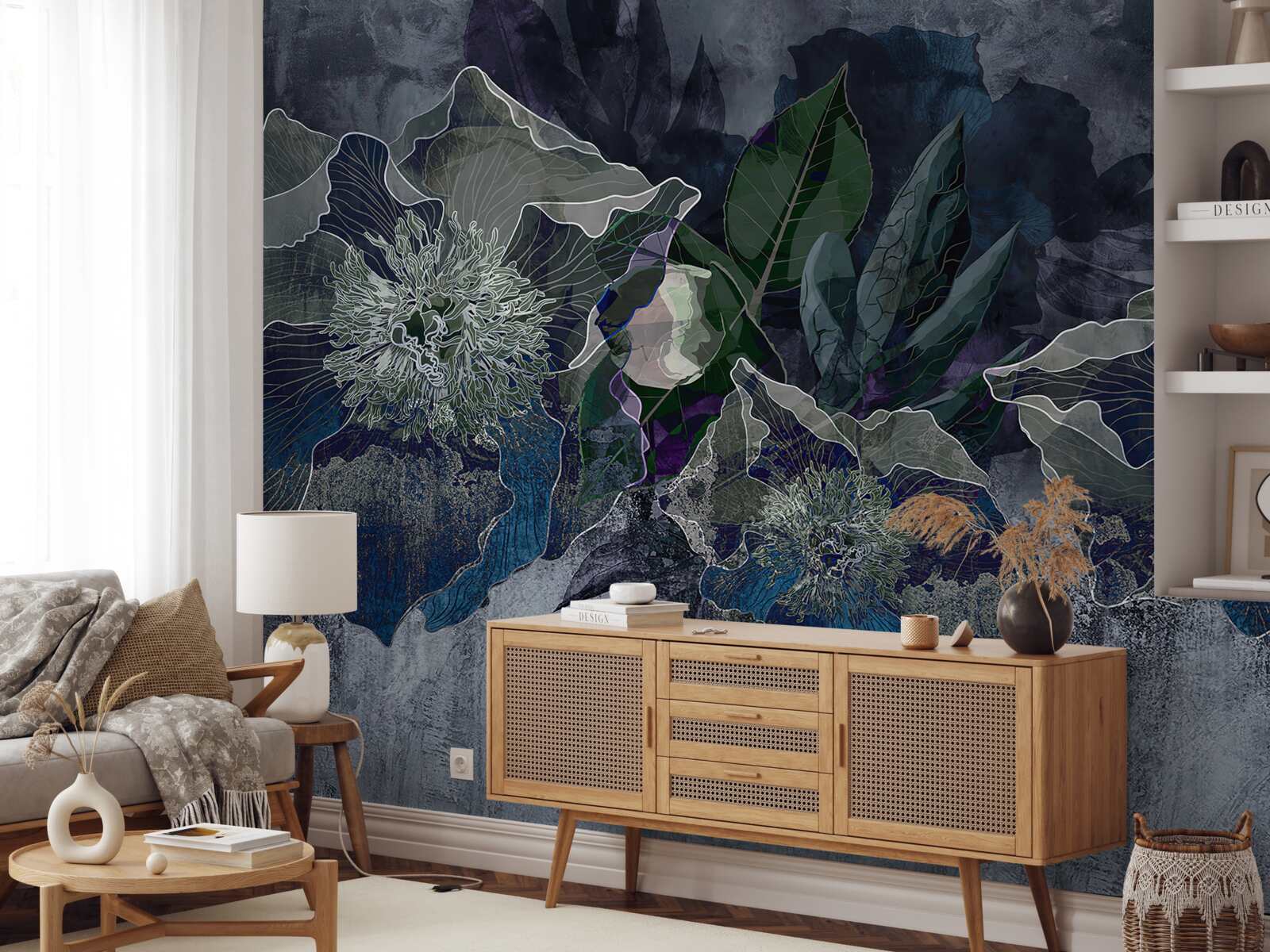 Fotobehang bloemen geschilderd in aquarel op een grijze ondergrond