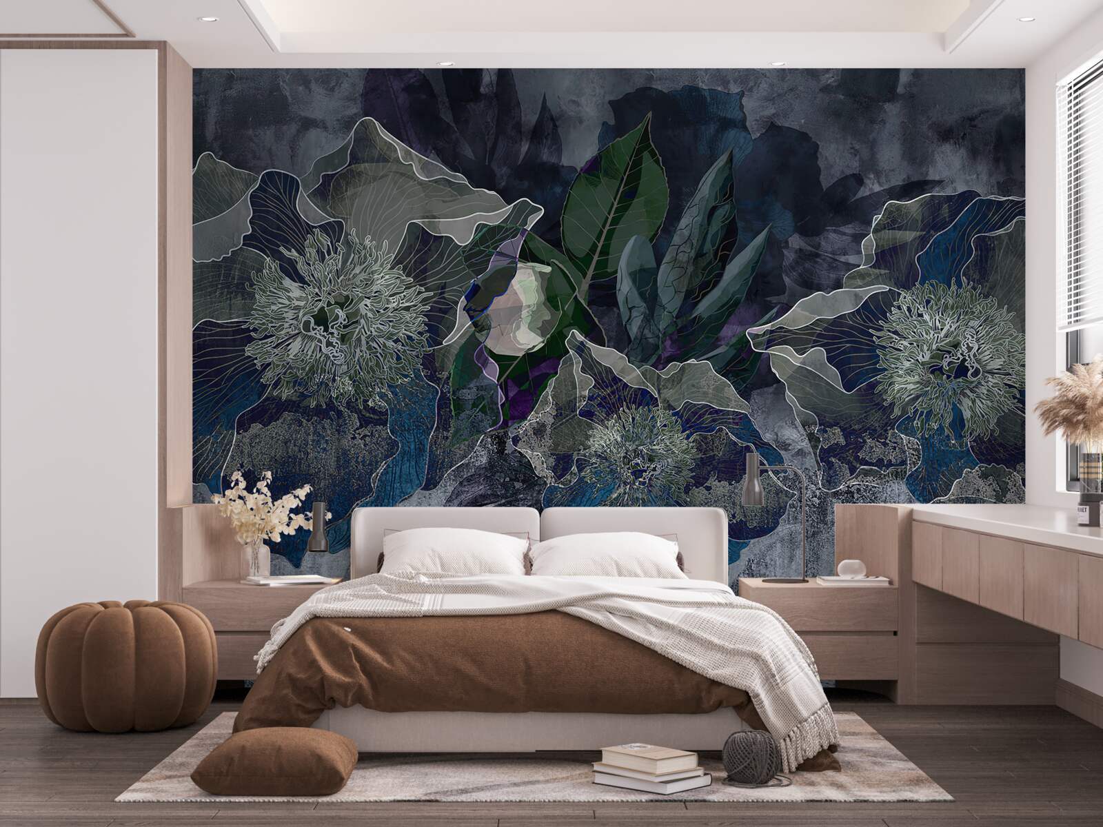 Fotobehang bloemen geschilderd in aquarel op een grijze ondergrond