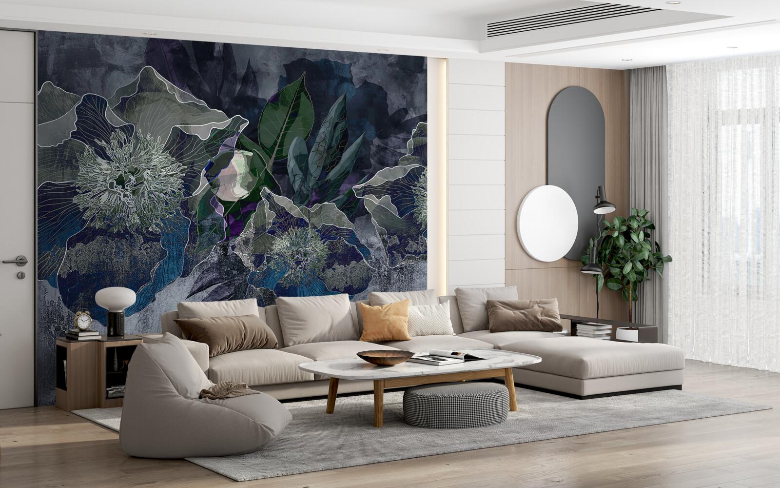 Fotobehang bloemen geschilderd in aquarel op een grijze ondergrond