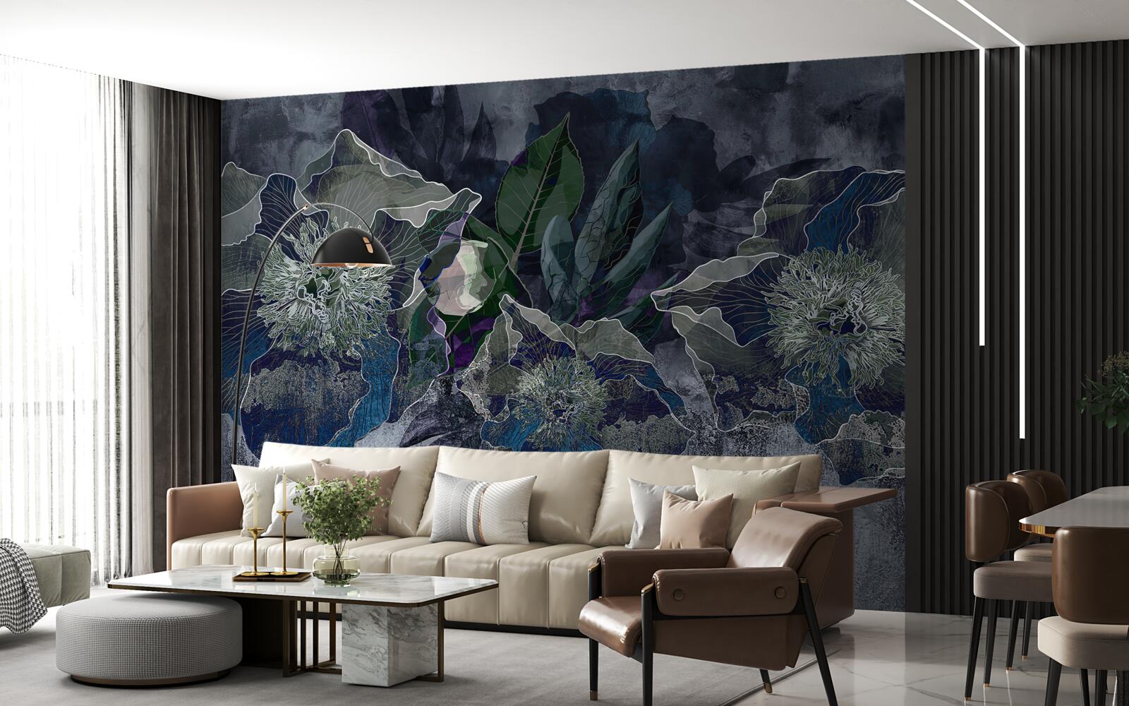 Fotobehang bloemen geschilderd in aquarel op een grijze ondergrond