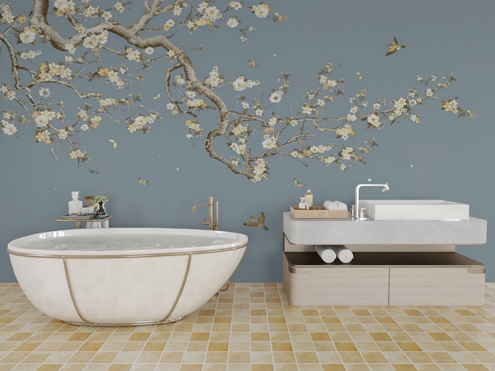 Fotobehang stam met kleine bloemen