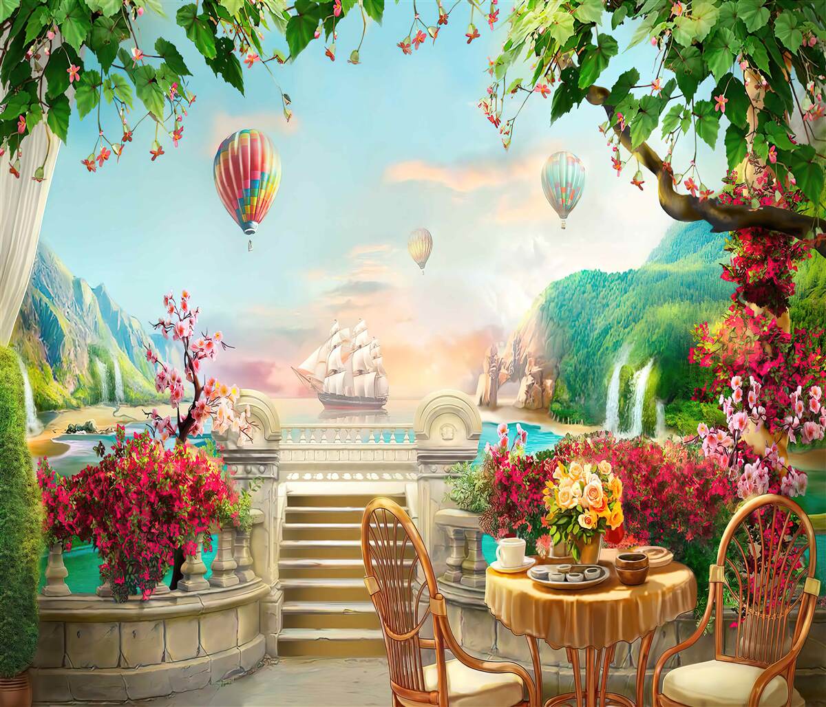 Fotobehang ochtendmaaltijd in de open lucht met een prachtig uitzicht