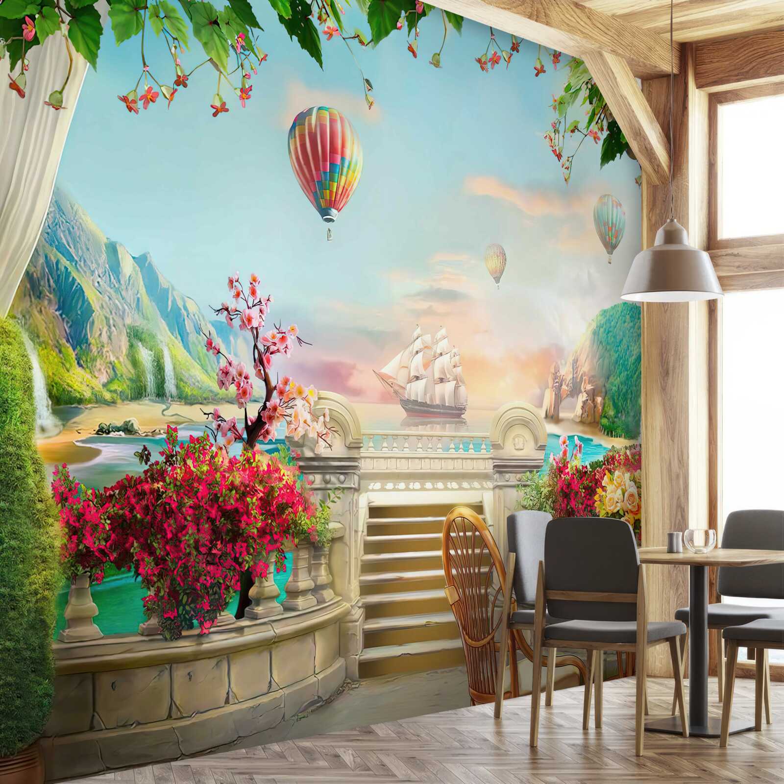 Fotobehang ochtendmaaltijd in de open lucht met een prachtig uitzicht