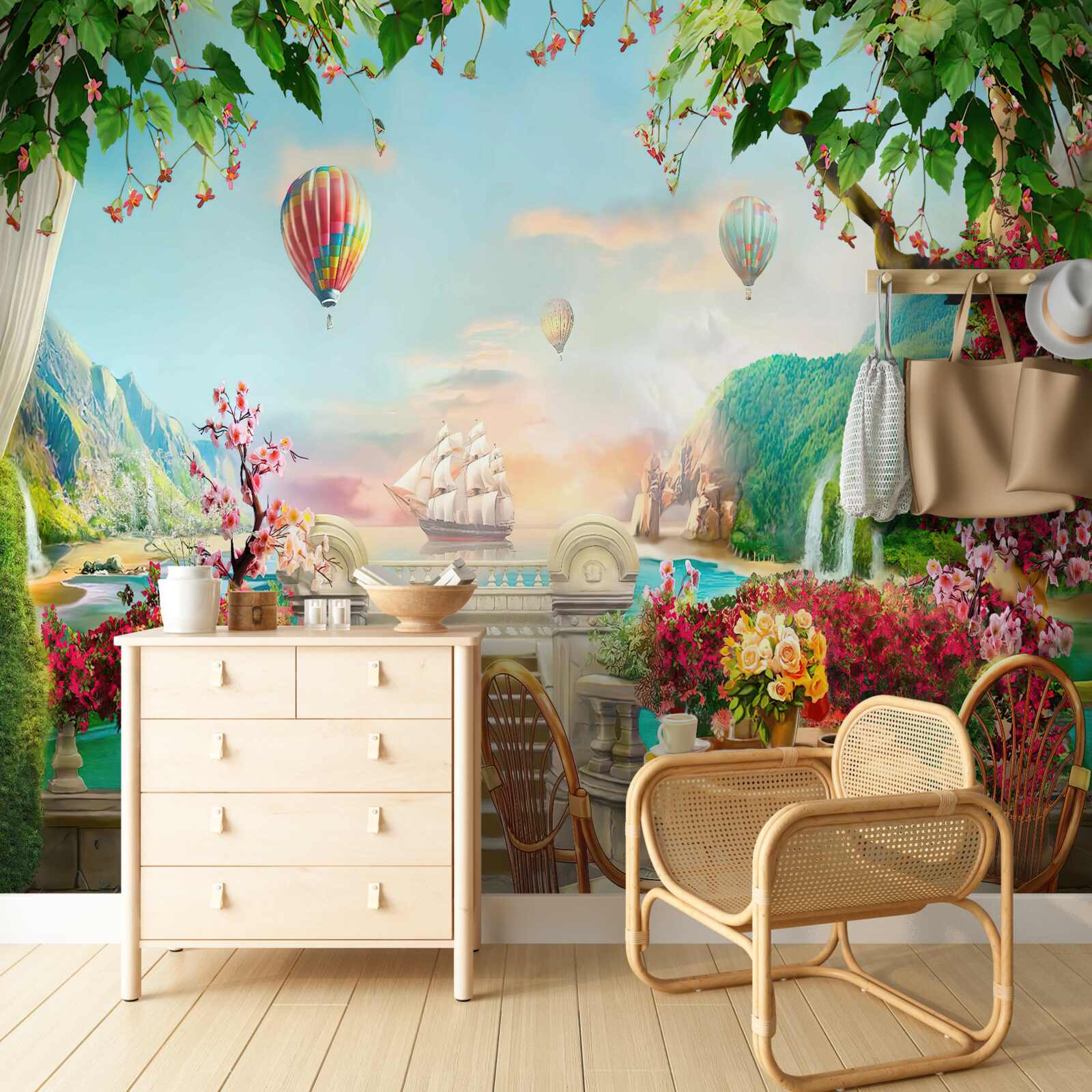 Fotobehang ochtendmaaltijd in de open lucht met een prachtig uitzicht