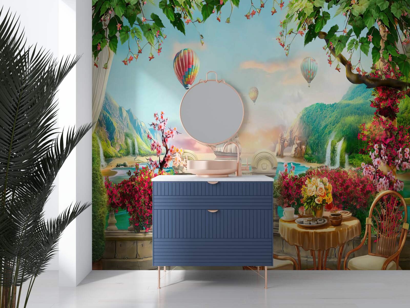 Fotobehang ochtendmaaltijd in de open lucht met een prachtig uitzicht