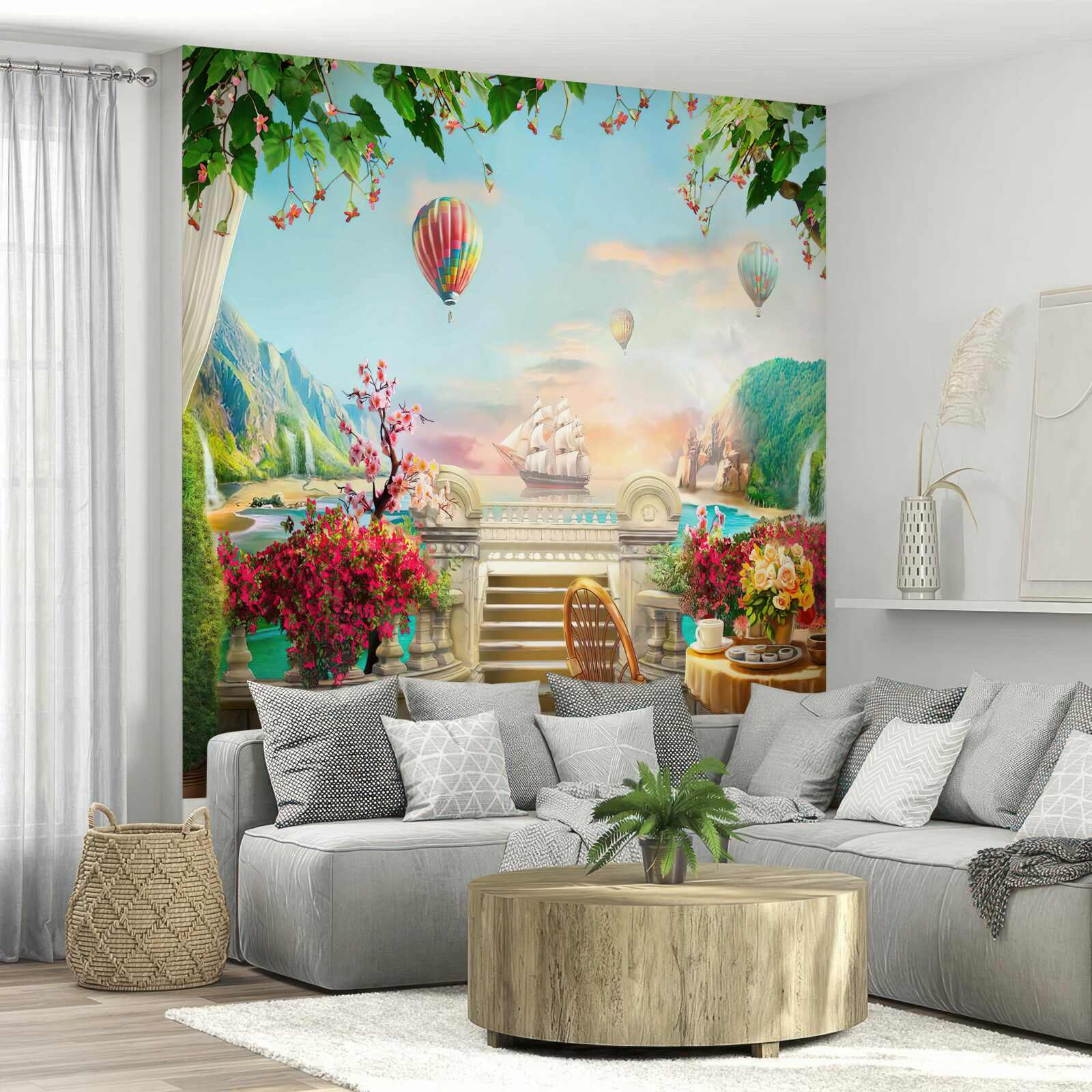 Fotobehang ochtendmaaltijd in de open lucht met een prachtig uitzicht