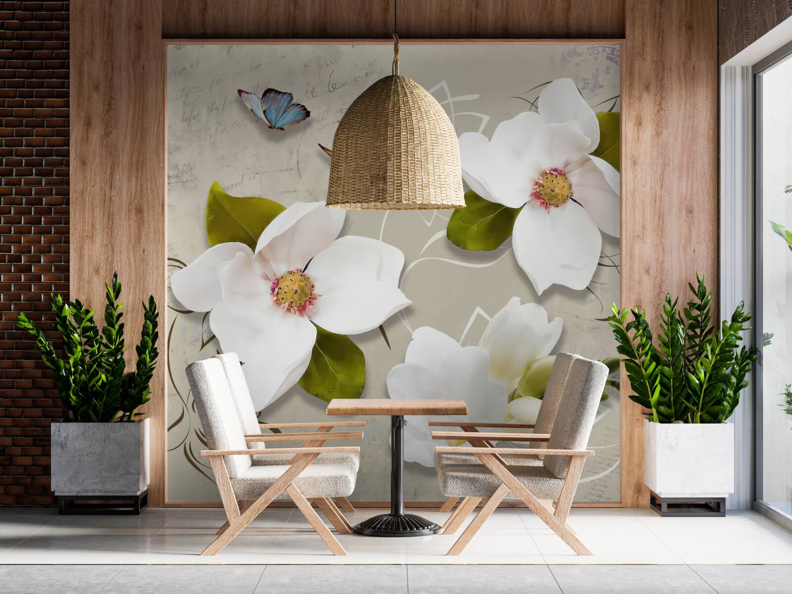 Fotobehang twee vlinders en witte bloemen