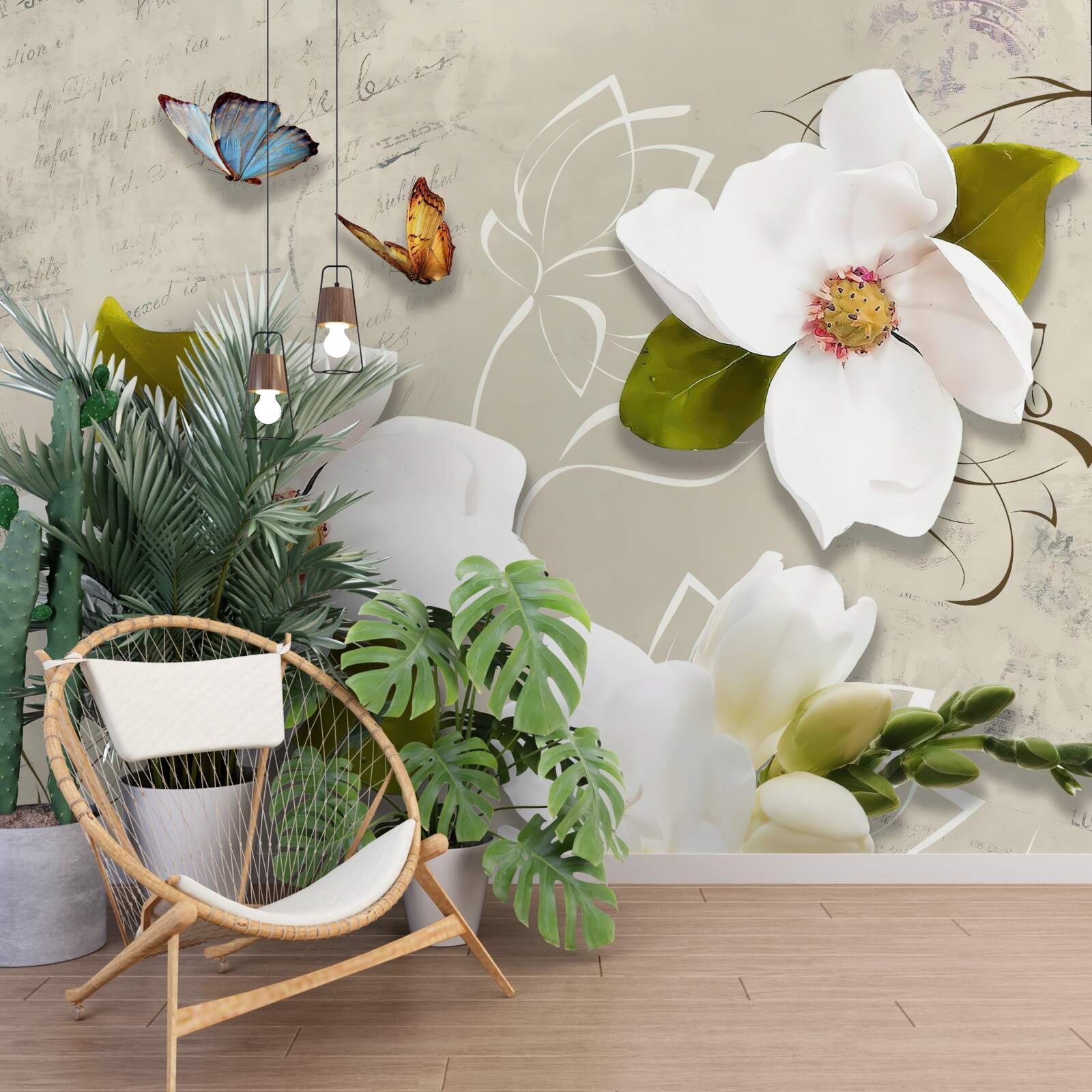 Fotobehang twee vlinders en witte bloemen