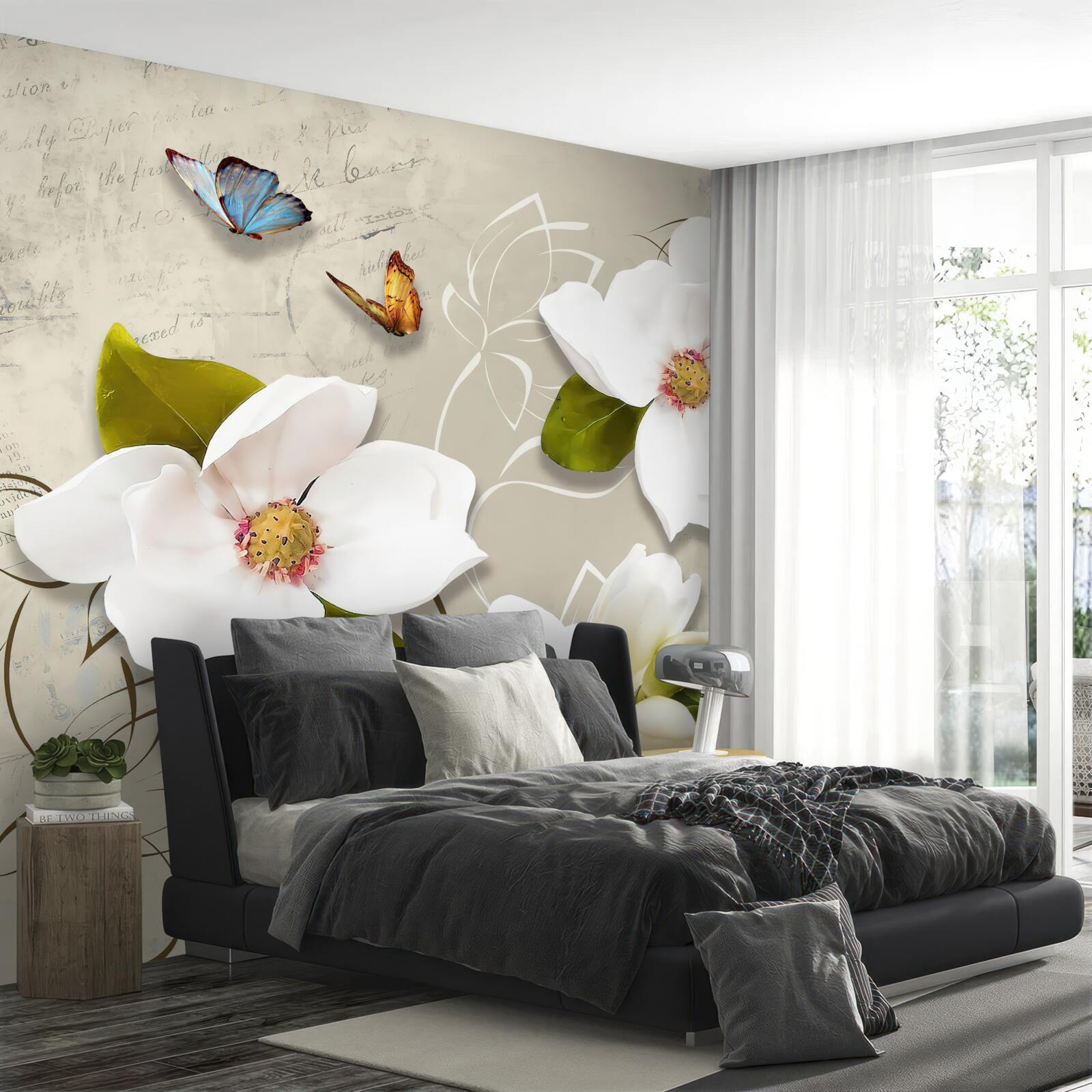 Fotobehang twee vlinders en witte bloemen