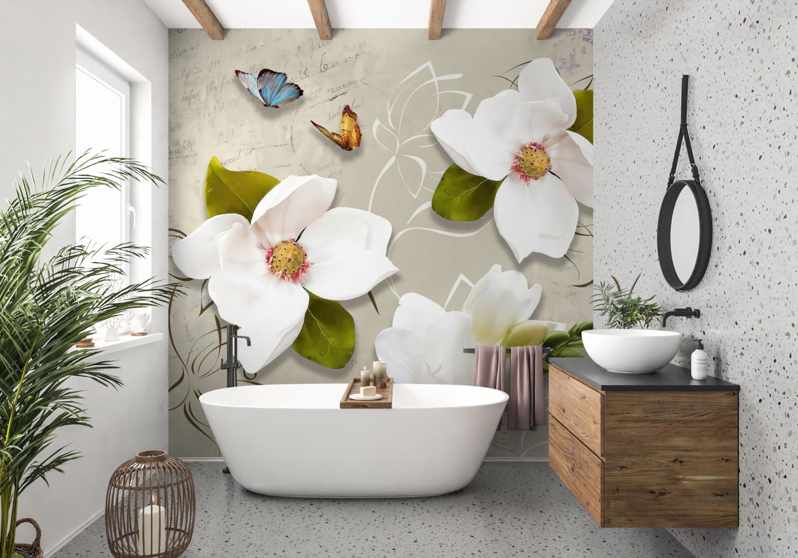 Fotobehang twee vlinders en witte bloemen