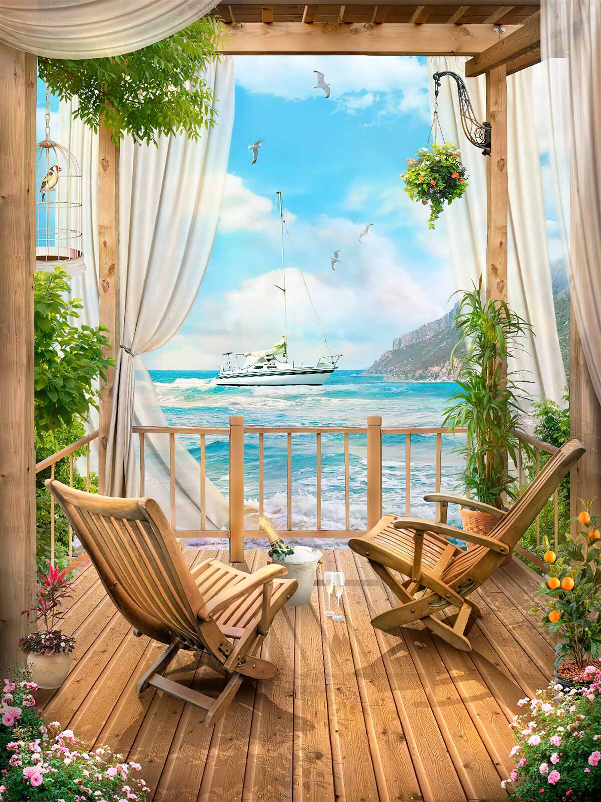 Fotobehang stoelen op het terras met adembenemend uitzicht