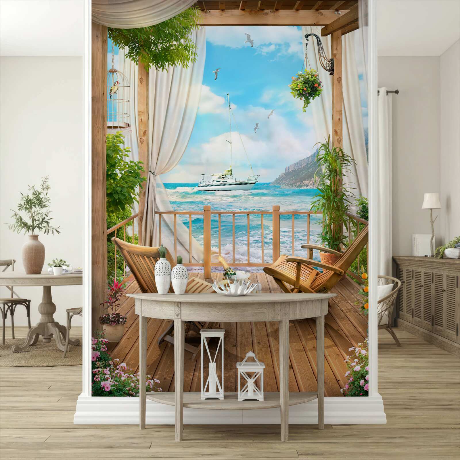 Fotobehang stoelen op het terras met adembenemend uitzicht