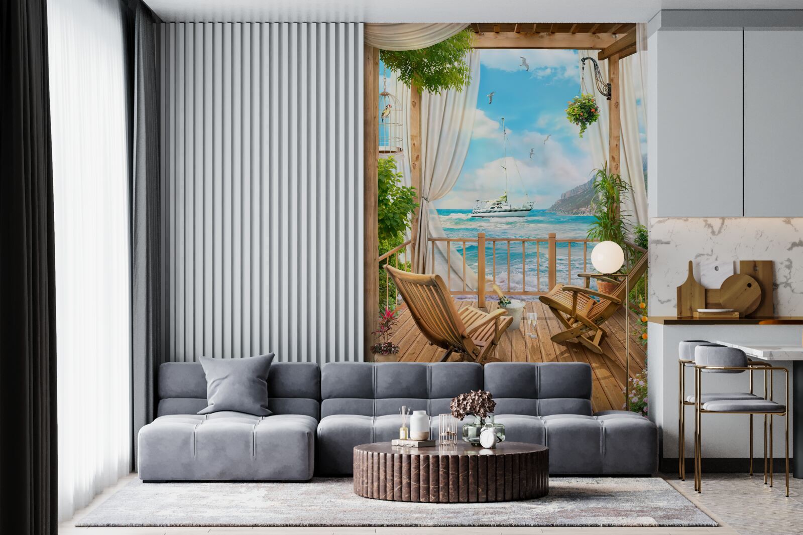 Fotobehang stoelen op het terras met adembenemend uitzicht