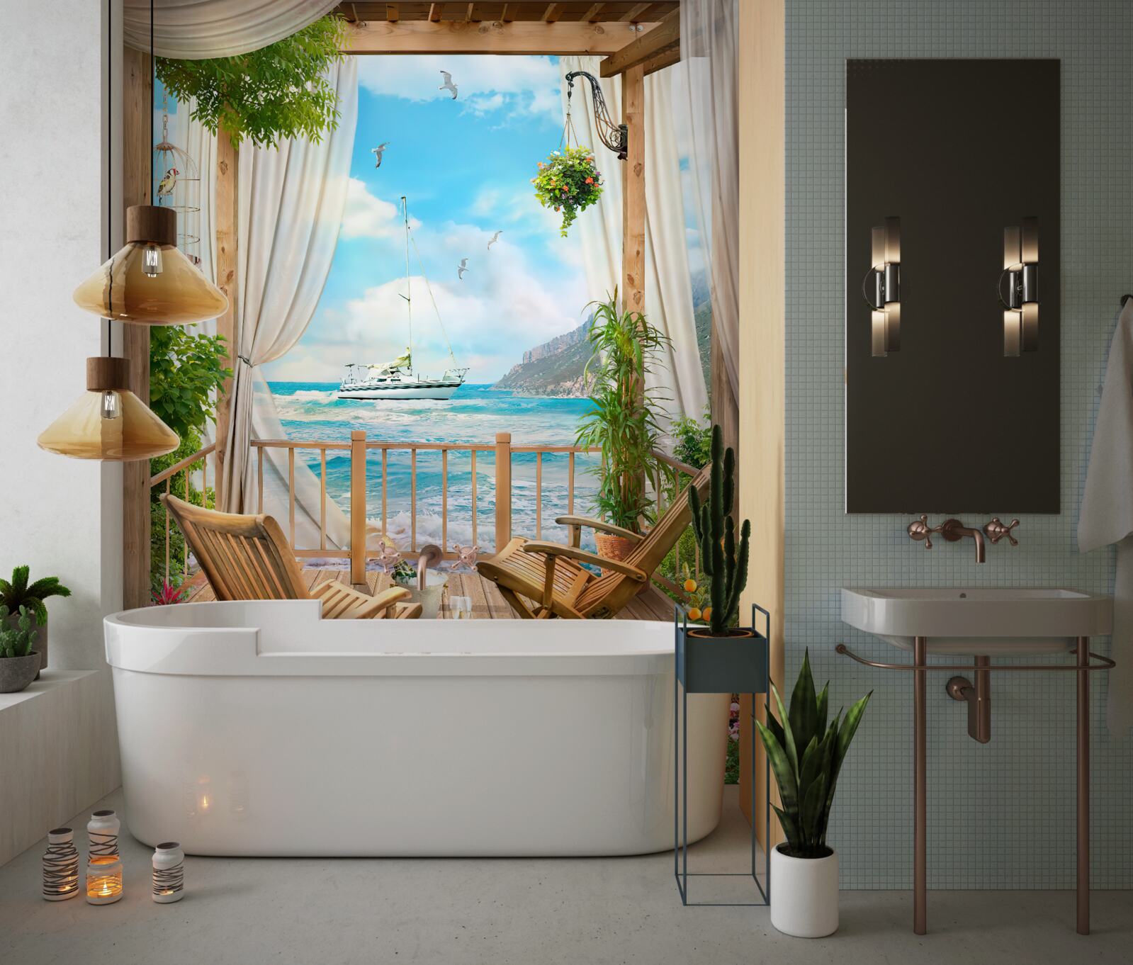 Fotobehang stoelen op het terras met adembenemend uitzicht