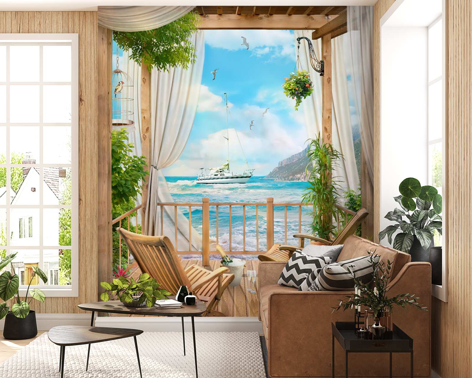 Fotobehang stoelen op het terras met adembenemend uitzicht