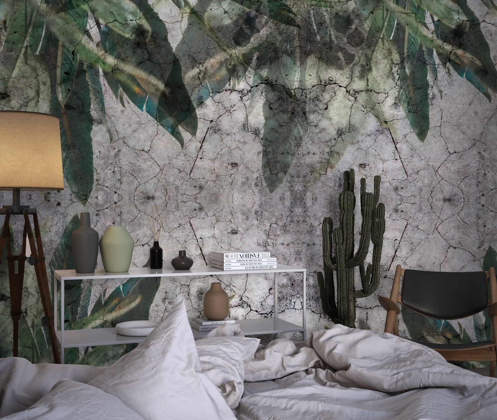 Fotobehang Muur met bladeren maken van beton