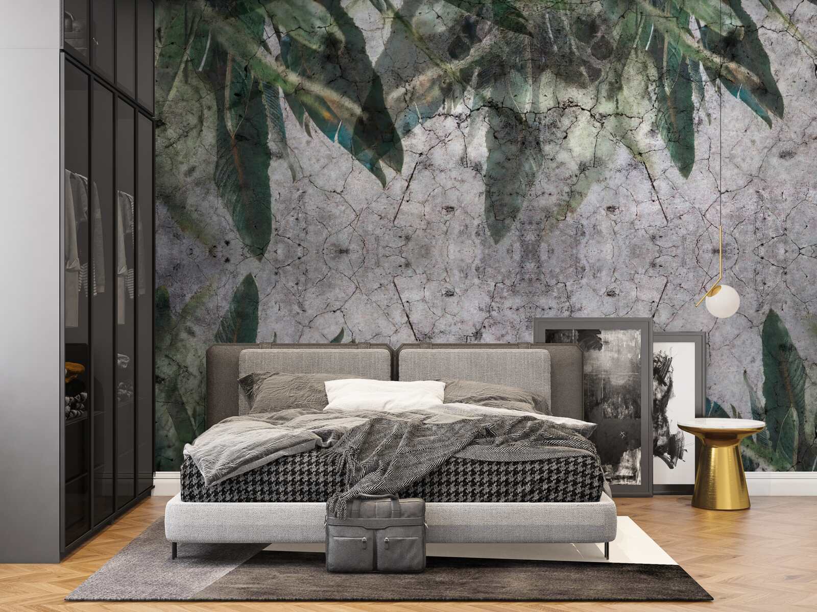 Fotobehang Muur met bladeren maken van beton