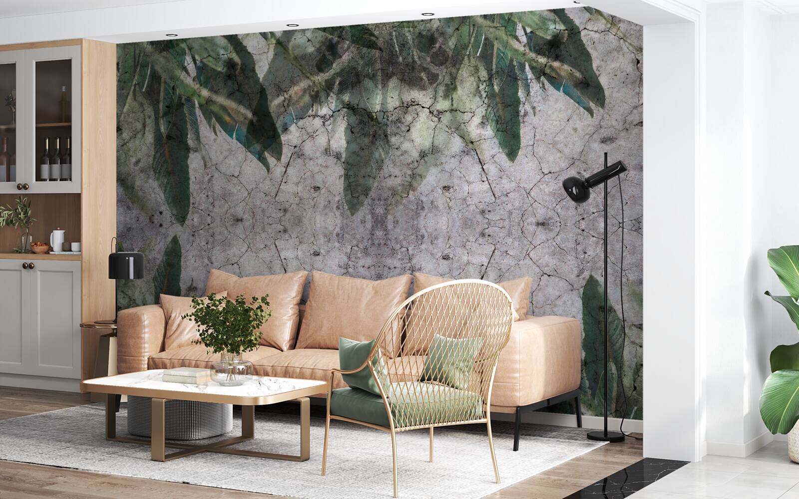 Fotobehang Muur met bladeren maken van beton