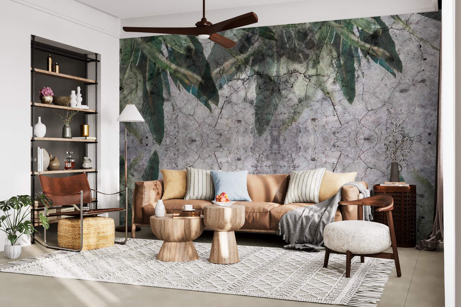 Fotobehang Muur met bladeren maken van beton