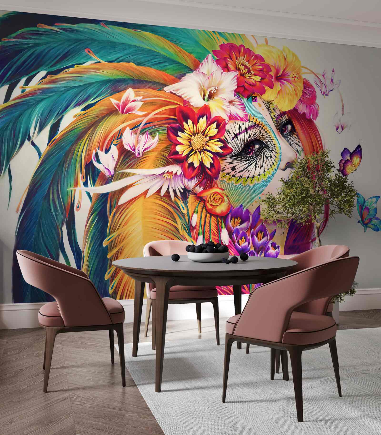 Fotobehang meisje met fleurige veren en bloemen in haar haar