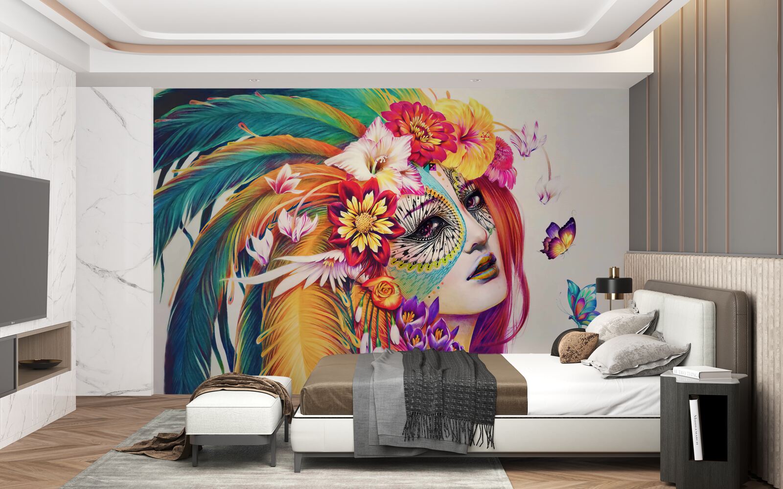 Fotobehang meisje met fleurige veren en bloemen in haar haar