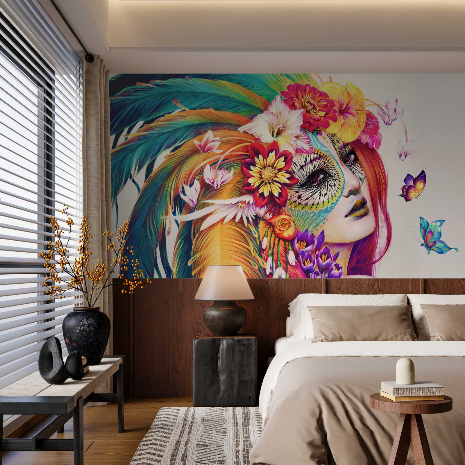 Fotobehang meisje met fleurige veren en bloemen in haar haar