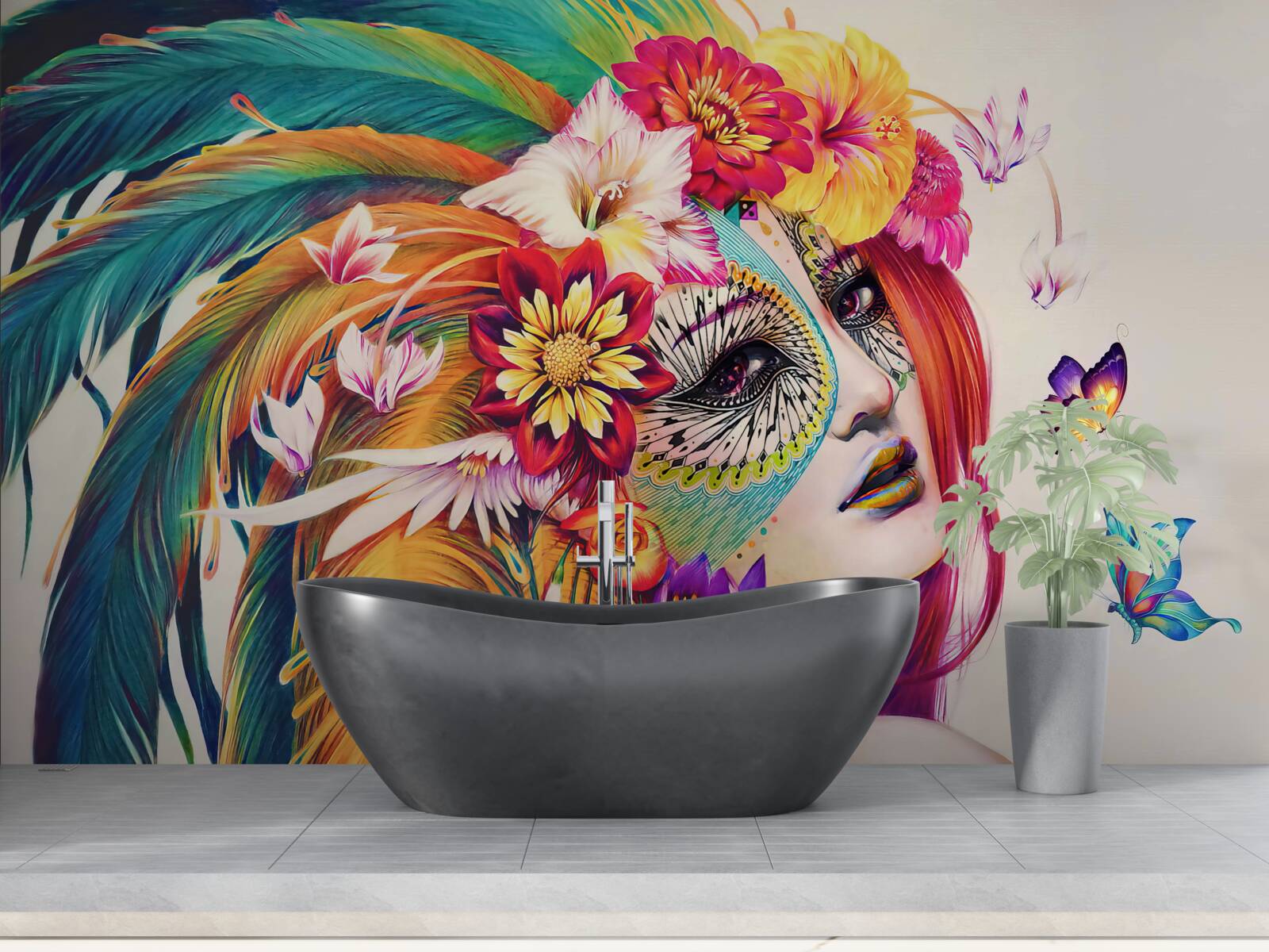 Fotobehang meisje met fleurige veren en bloemen in haar haar