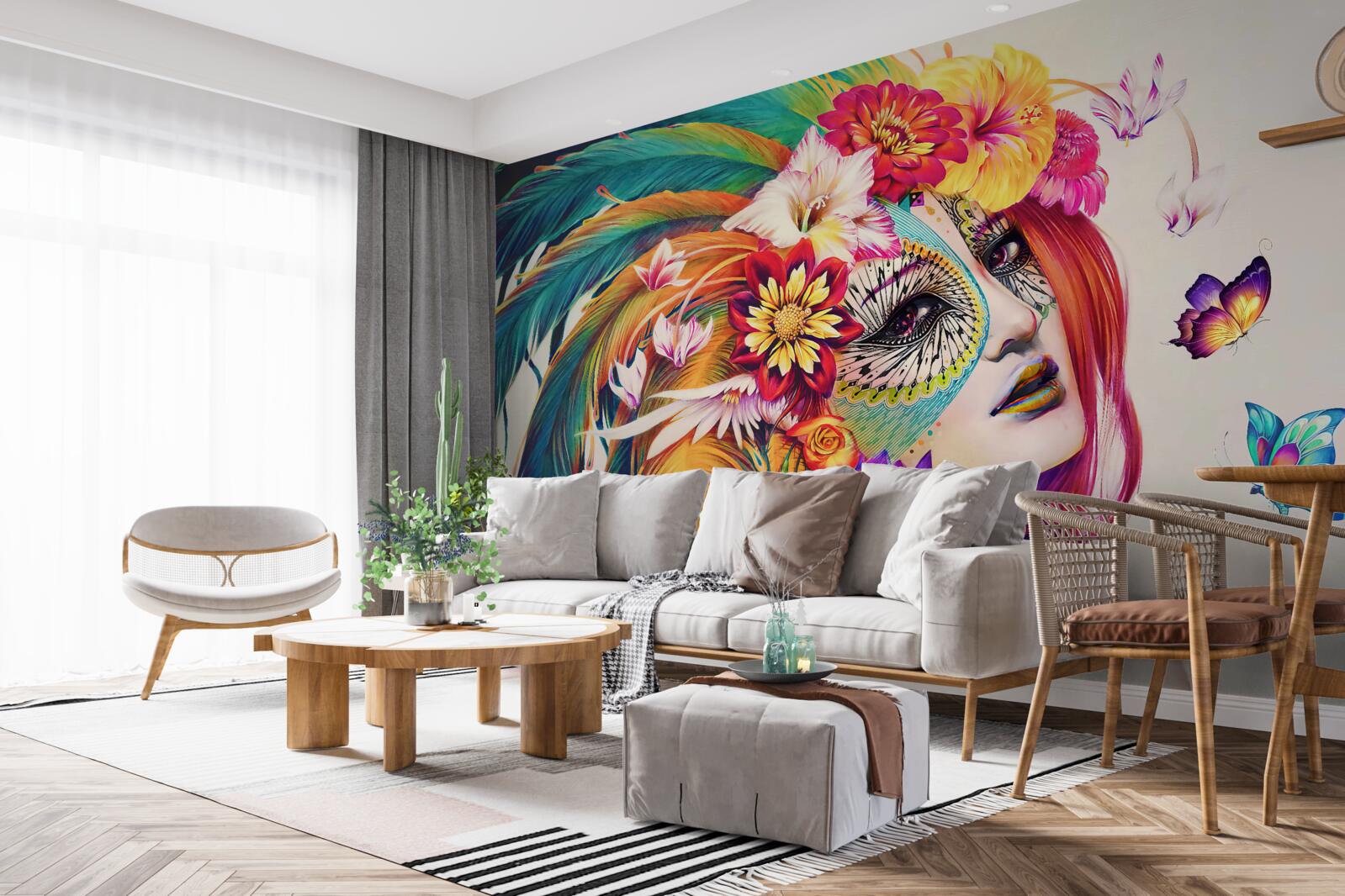 Fotobehang meisje met fleurige veren en bloemen in haar haar