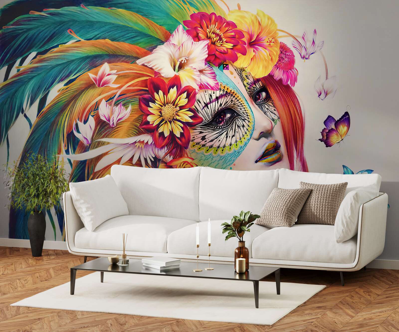 Fotobehang meisje met fleurige veren en bloemen in haar haar