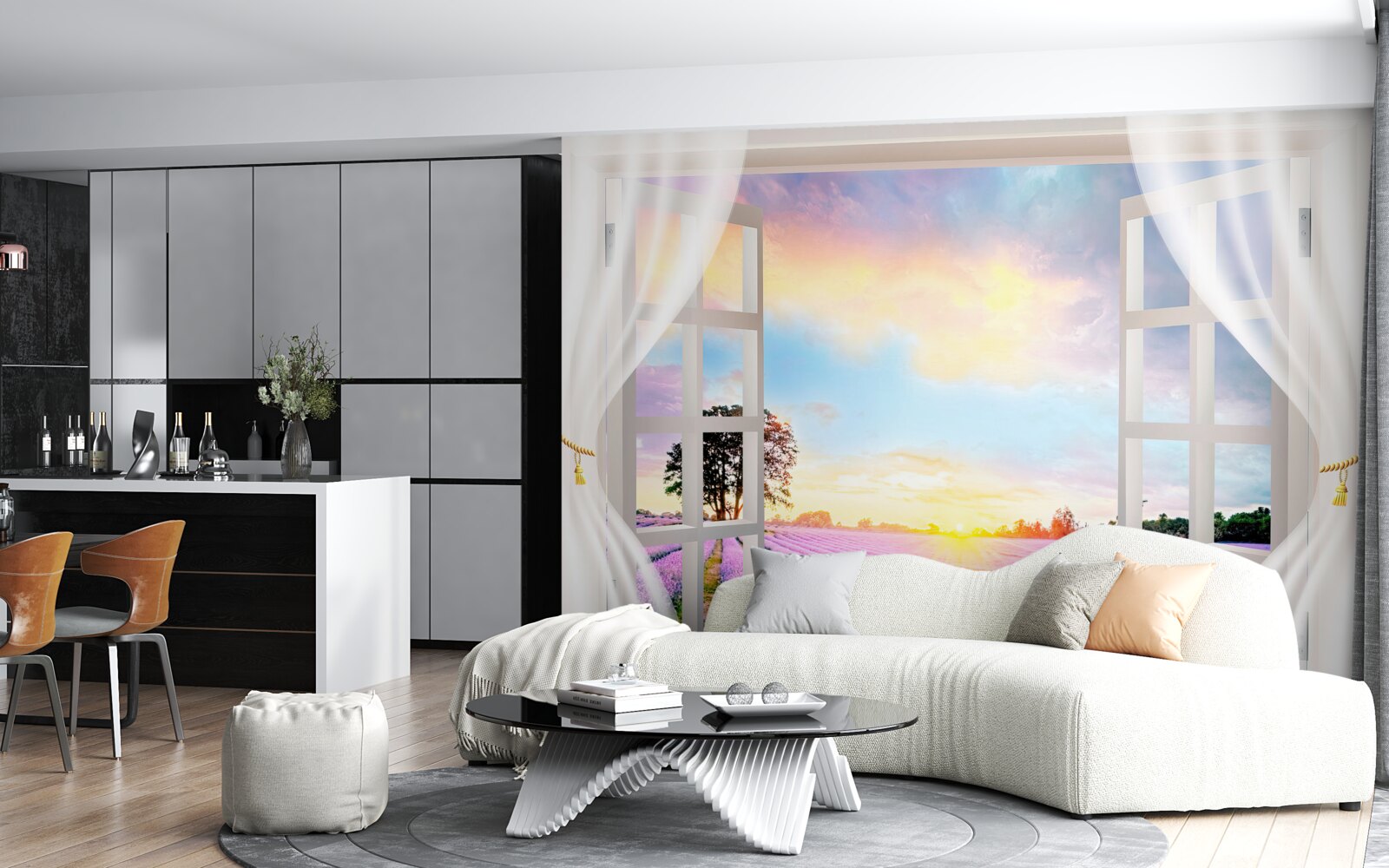 Fotobehang panorama van een lavendelveld vanuit het raam