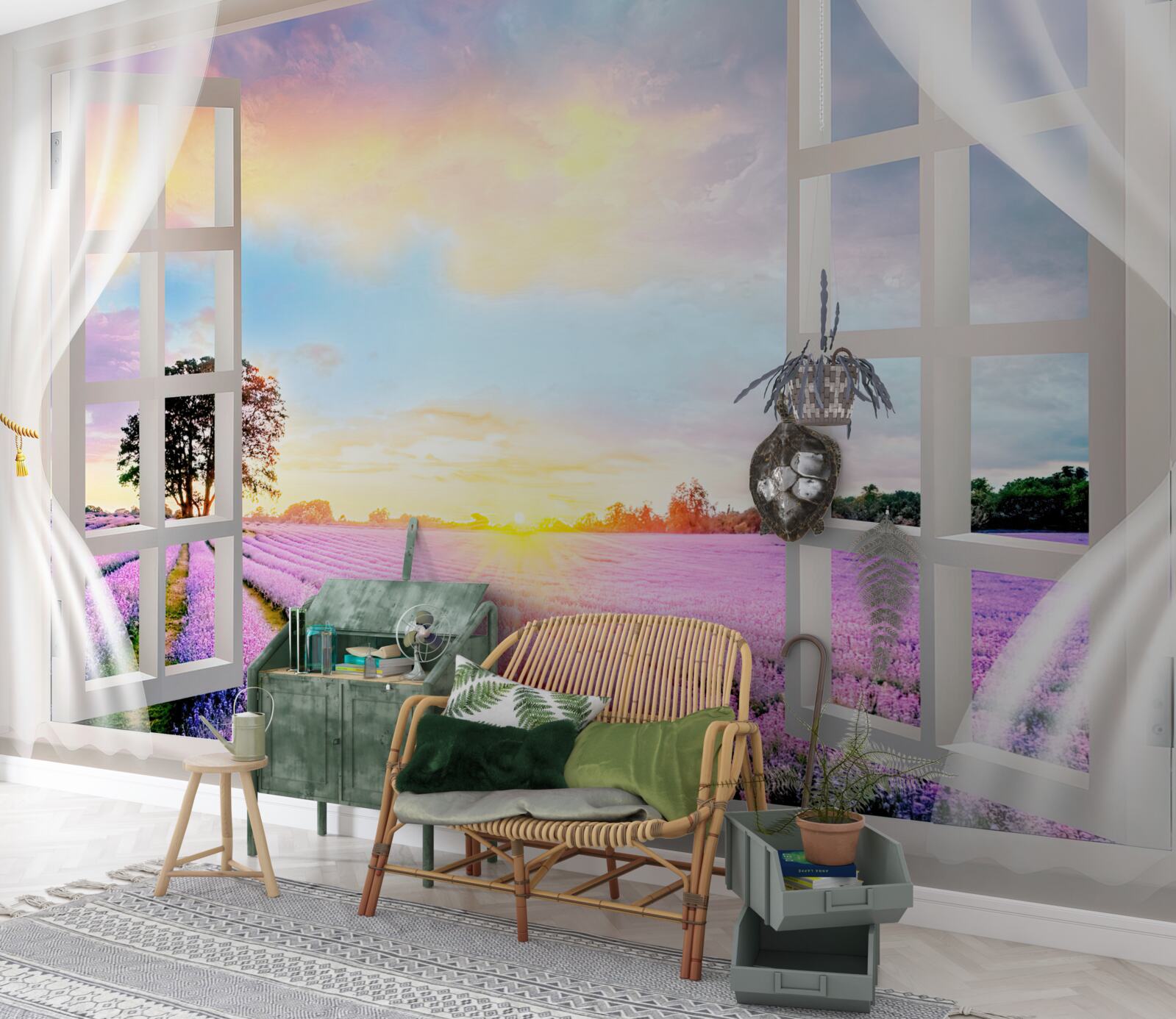 Fotobehang panorama van een lavendelveld vanuit het raam