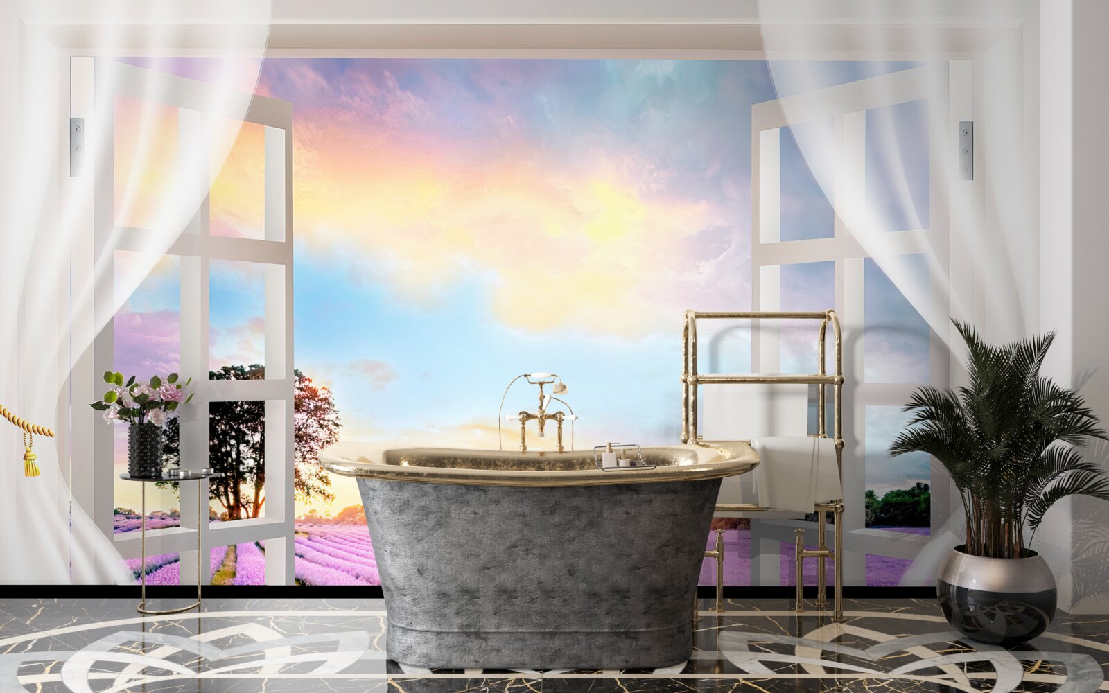 Fotobehang panorama van een lavendelveld vanuit het raam